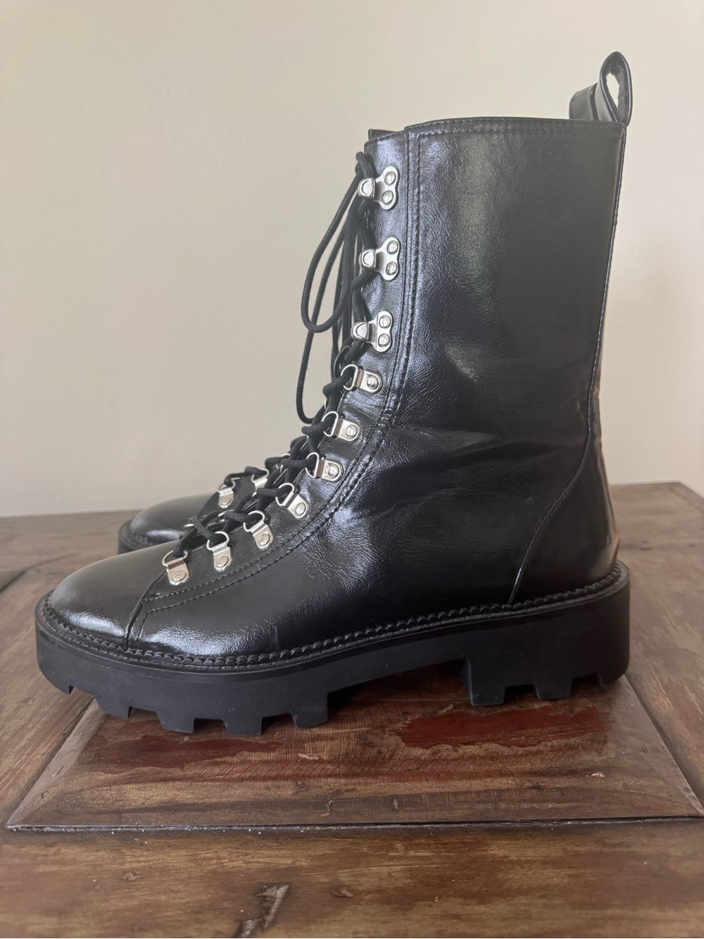 Bershka black lace up side zip chunky lug sole combat moto boots women’s 9 - Picture 3 of 8